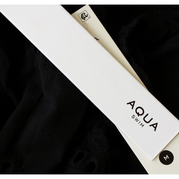 Aqua Black Eyelet Tiered Peasant Cover-up Dress Swim NEW Puff sleeve Medium - Picture 5 of 8